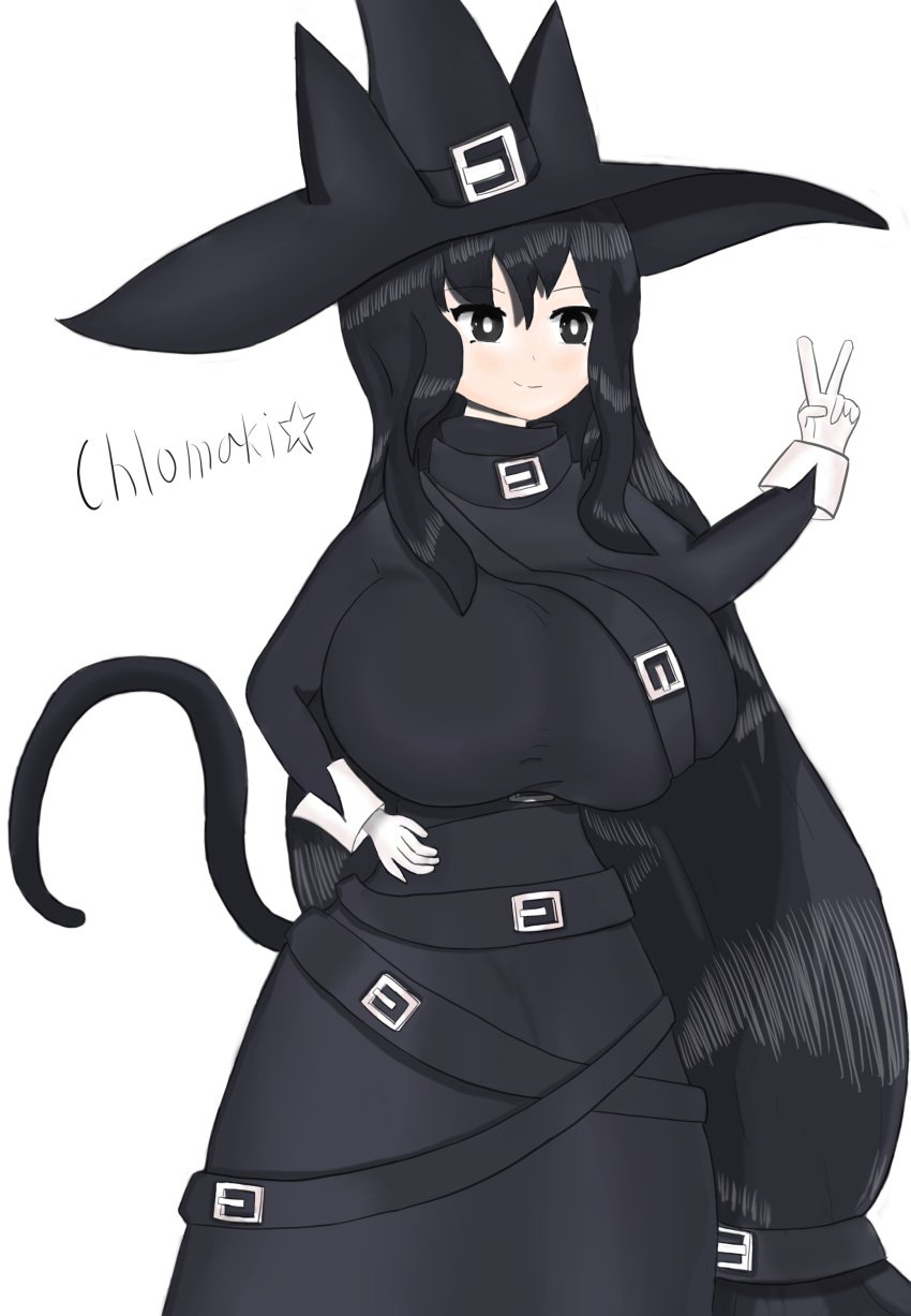 alternate_breast_size ayame304 black_clothing black_eyes black_hair breasts cat_ears chlomaki clothed funamusea huge_breasts long_hair pale_skin peace_sign suggestive wadanohara_and_the_great_blue_sea witch witch_hat