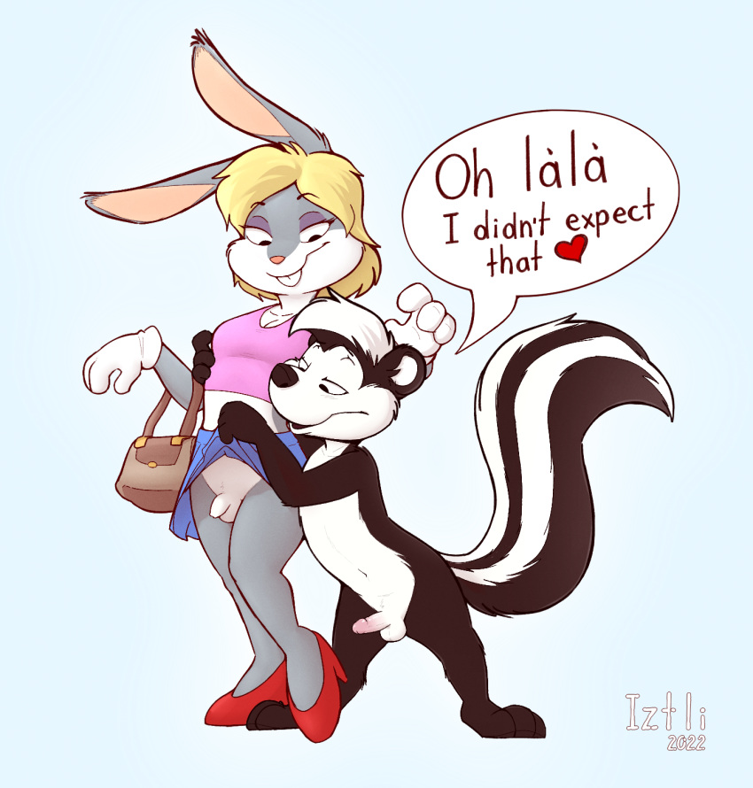 1boy 1futa 2022 anthro assisted_exposure balls balls_under_clothes bottomless_skirt bottomwear bugs_bunny canon_crossdressing clothed clothing clothing_lift dickgirl duo english_text erection fembugs_bunny flaccid foreskin futanari genitals gynomorph gynomorph/male heart hi_res humanoid_genitalia humanoid_penis intersex intersex/male iztli lagomorph leporid looney_tunes male mammal mephitid mtg_crossgender mti_crossgender penis penis_out penis_under_clothes penis_under_skirt pepe_le_pew rabbit rule_63 skirt skirt_lift skunk text warner_brothers