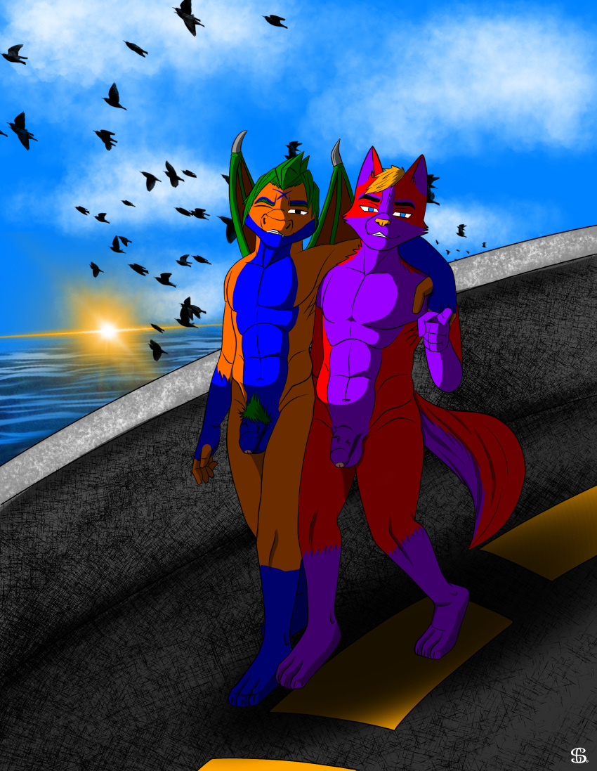 absurd_res anthro beach dragon duo hi_res male male/male nude seaside sergld