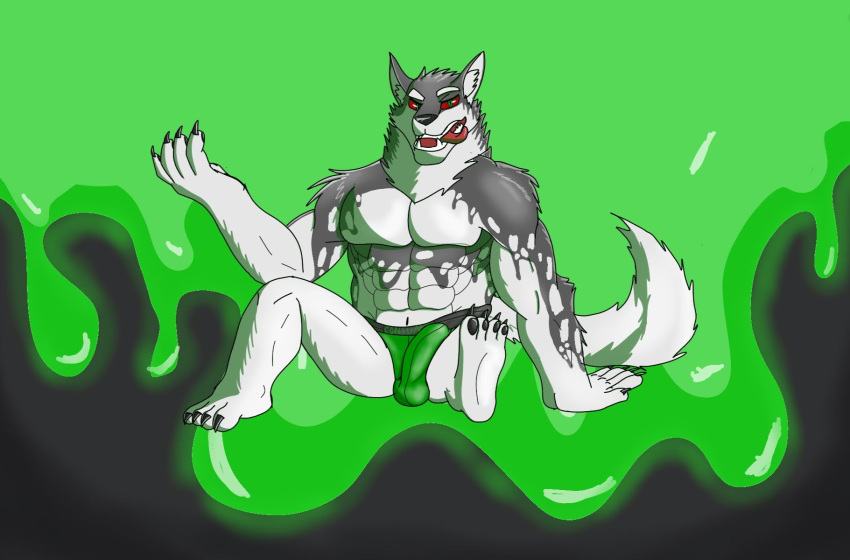 2023 abs anthro assassinfenrir bedroom_eyes bulge canid canine canis clothing detailed_bulge digital_media_(artwork) green_eyes hi_res jockstrap lifewonders live_a_hero male mammal monomasa muscular muscular_anthro muscular_male narrowed_eyes red_sclera seductive shaded sharp_teeth simple_background sitting solo spread_legs spreading teeth tongue tongue_out underwear wolf