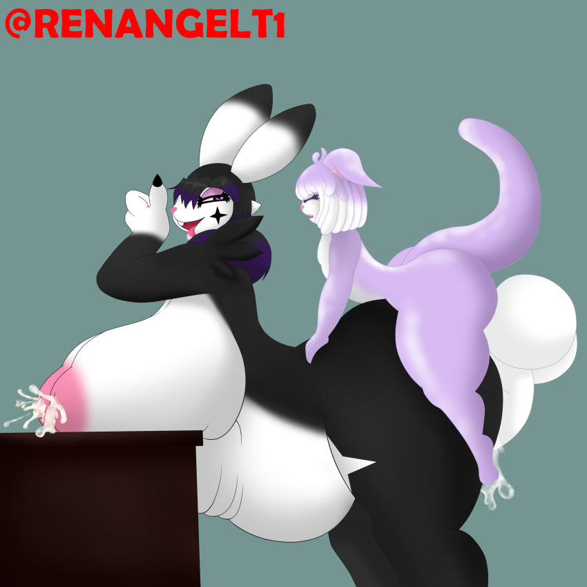 anthro big_ass big_balls big_breasts big_butt black_fur cum_inflation cum_inside dreadlocks inflation lactating lactation male/female multicolored_fur purple_highlights renamon renangelt1 two_tone_fur white_fur