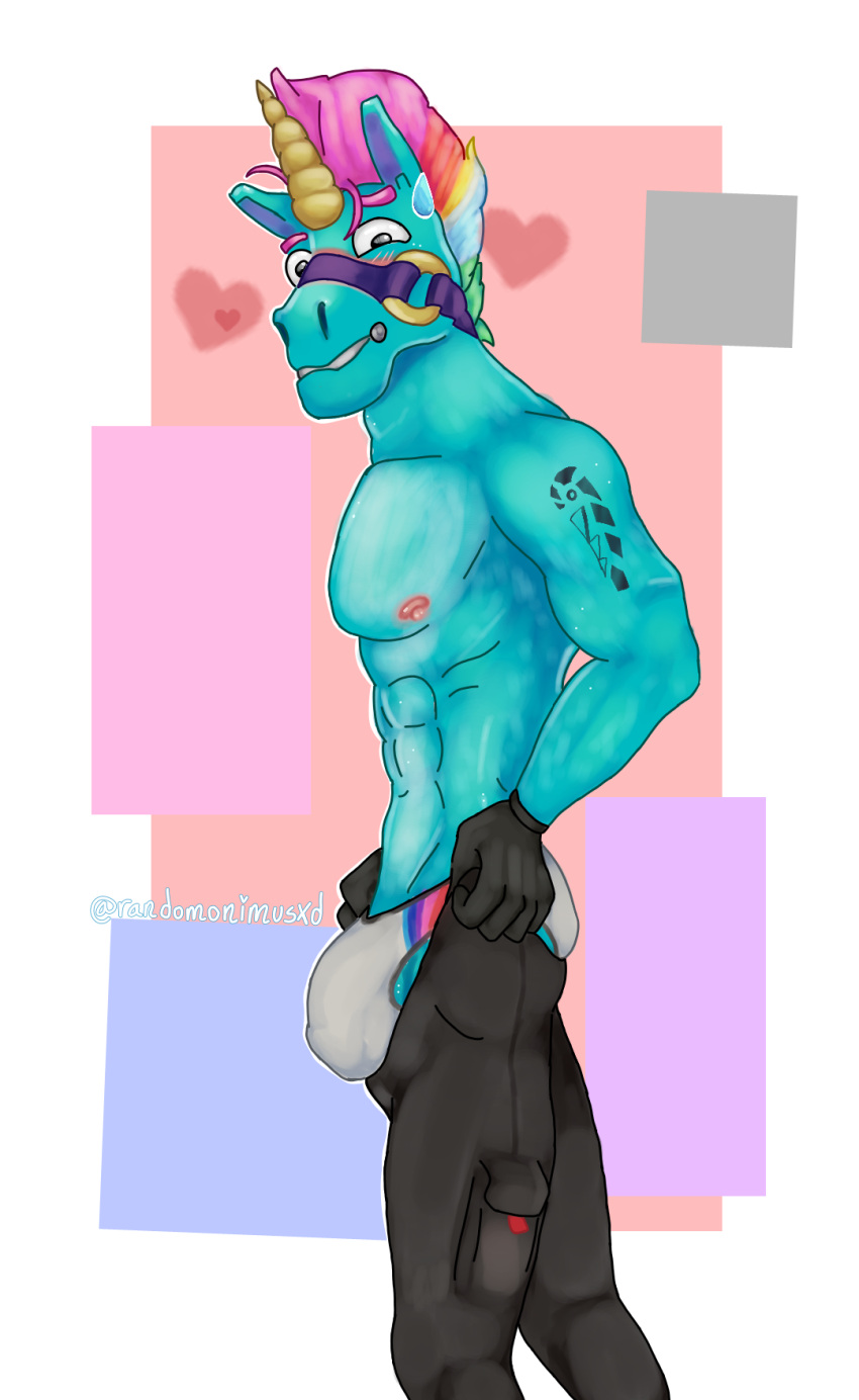 abs anthro athletic_male bara big_balls big_pecs big_penis blue_body blush bulge cartoony colorful digital_drawing_(artwork) fortnite fortnite:_battle_royale furry gay llama llambro_(fortnite) looking_at_viewer mohawk muscular_male nervous pants pants_down randomonimusxd simple_background tattoo tight_pants tight_pants_(meme) underwear unicorn yaoi