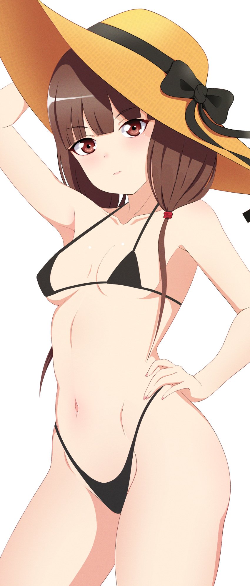 1girls arm_behind_head armpits bikini black_bikini breasts brown_eyes brown_hair cleavage female female_only hand_on_hip hat highres iino_miko kaguya-sama_wa_kokurasetai_~tensai-tachi_no_renai_zunousen~ legs lipstick long_hair looking_at_viewer low_twintails model_pose modeling navel pink_lips pink_lipstick pose posing roswell-ss sensual small_breasts solo swimsuit thighs thong_bikini twintails