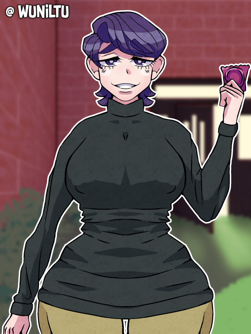 1girls 2d before_sex big_ass big_breasts big_butt big_thighs color condom female female_focus huge_breasts huge_butt huge_thighs komi-san_wa_komyushou_desu komi_shuuko large_ass large_breasts milf purple_eyes purple_hair shaded smile wuniltu