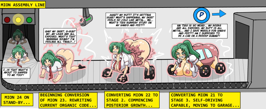 07th_expansion animate_inanimate ass_expansion breast_expansion car clenched_teeth confused conveyor_belt english_dialogue english_language english_text forced forced_transformation green_eyes green_hair higurashi_no_naku_koro_ni huge_ass huge_breasts inanimate_transformation long_hair machine mion_sonozaki nervous nipples open_mouth ponytail sera-fuku text