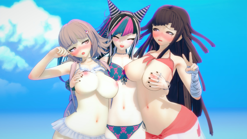 3d 3girls bikini blush blushing breasts breasts_out danganronpa danganronpa_2:_goodbye_despair embarrassed embarrassed_female female female_focus female_only groping koikatsu looking_at_another mioda_ibuki nanami_chiaki navel nipples sky standing straight_hair tsumiki_mikan ultimateenf