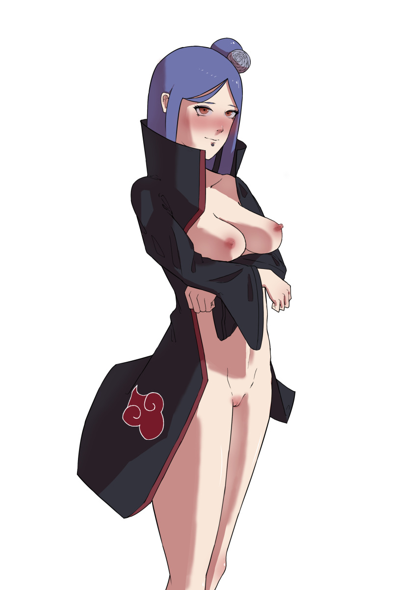 akatsuki_(naruto) blue_hair blush breasts breasts_out cloak clothing curvaceous curvy curvy_body curvy_figure feet_out_of_frame female female_only he_san_bei_shui konan legs_together looking_at_viewer naruto naruto_(series) naruto_shippuden nipples no_bra no_panties open_clothes partially_clothed piercing pinup smile solo solo_focus wide_hips