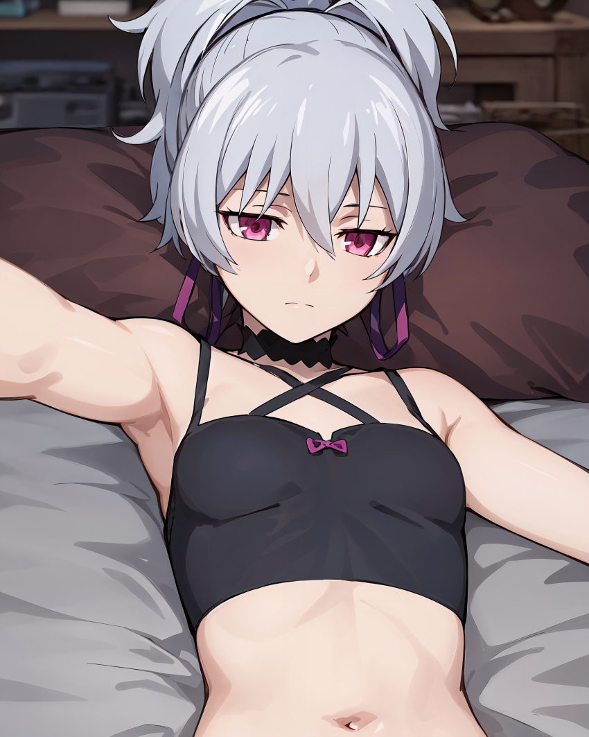 1girls ai_generated armpits breasts darker_than_black female female_only midriff nai_diffusion navel ponytail purple_eyes selfie small_breasts stable_diffusion whirlpai white_hair yin_(darker_than_black)