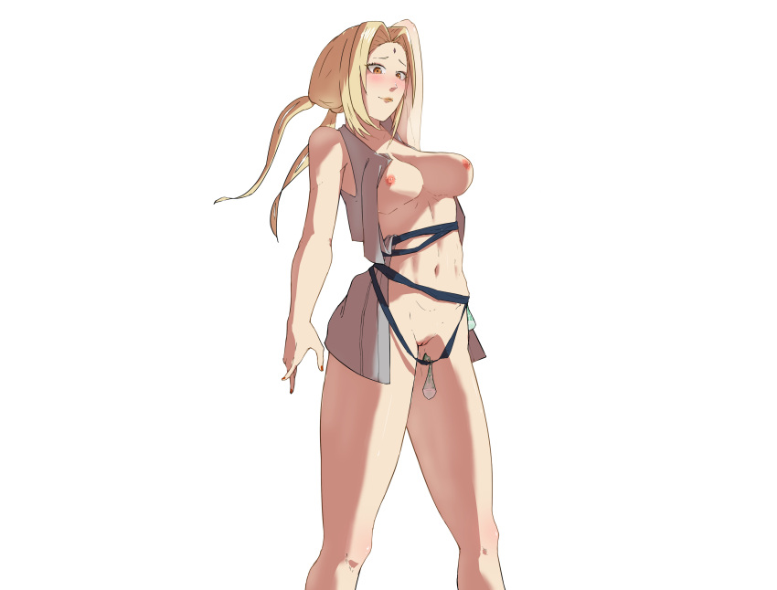 blonde_hair blush breasts clothing condom condom_belt curvaceous curvy curvy_body curvy_figure feet_out_of_frame female female_only he_san_bei_shui kimono legs_together looking_at_viewer mature mature_female mature_woman naruto naruto_(series) naruto_shippuden nipples no_bra no_panties open_clothes partially_clothed pinup short_kimono sleeveless sleeveless_kimono smile solo solo_focus tsunade twintails used_condom voluptuous wide_hips