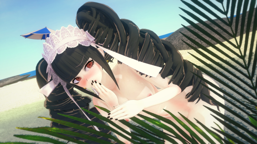 1girls 3d beach beach_umbrella black_fingernails black_hair breasts celestia_ludenberg danganronpa embarrassed female hand_to_own_mouth hiding light-skinned_female light_skin navel nipples nude nude_female outdoor_nudity outdoors outside public public_nudity red_eyes sky solo straight_hair ultimateenf white-skinned_female