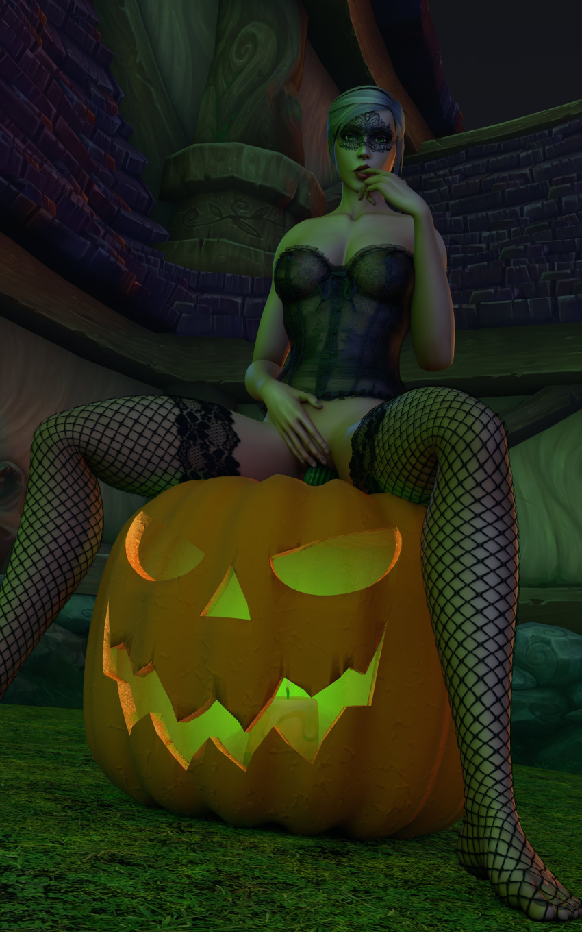 1girls 3d blizzard_entertainment halloween human human_(world_of_warcraft) ifarazon jack-o'-lantern light-skinned_female light_skin looking_at_viewer masturbation morilane original_character ponytail solo stockings warcraft white_hair world_of_warcraft