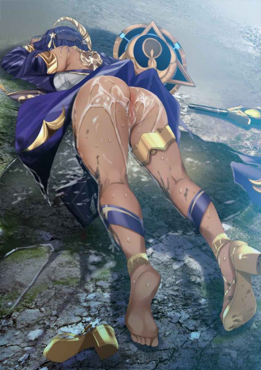 after_rape after_sex after_vaginal ankh barefoot black_hairband blue_eyes blue_hair blue_nails breasts candace_(genshin_impact) censored cum dark_skin egyptian eye_of_horus feet female forehead_jewel fumihiko_(pixiv2658856) genshin_impact gold_choker gold_trim hairband heterochromia jewelry large_breasts legs neck_ring rape shield short_hair_with_long_locks solo squatting thighs tiptoes toe_ring toenail_polish toenails toes yellow_eyes