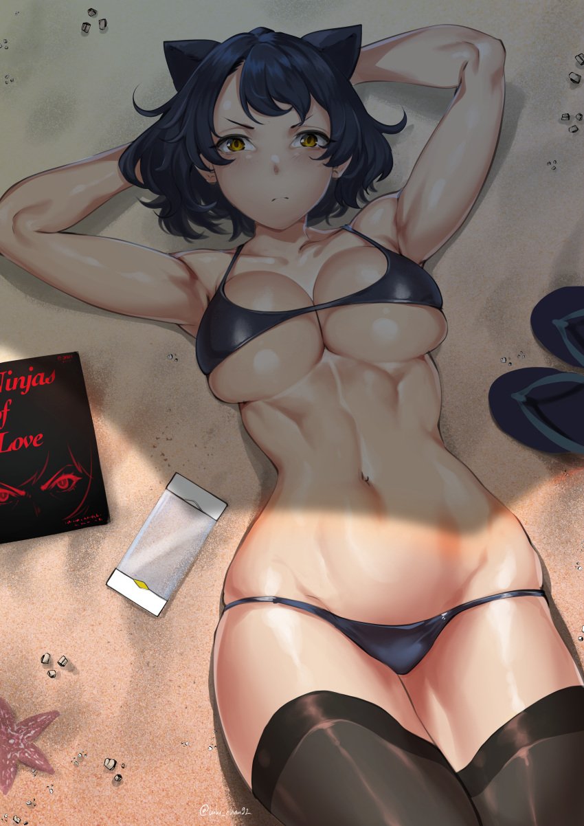 1girls angry annoyed artist_signature beach black_bikini black_hair black_swimsuit blake_belladonna bob_cut book faunus looking_at_viewer lulu-chan92 muscular_female phone rooster_teeth rwby sand sandals scroll shade shiny_skin short_hair starfish tagme thighhighs too_small_bikini underboob yellow_eyes