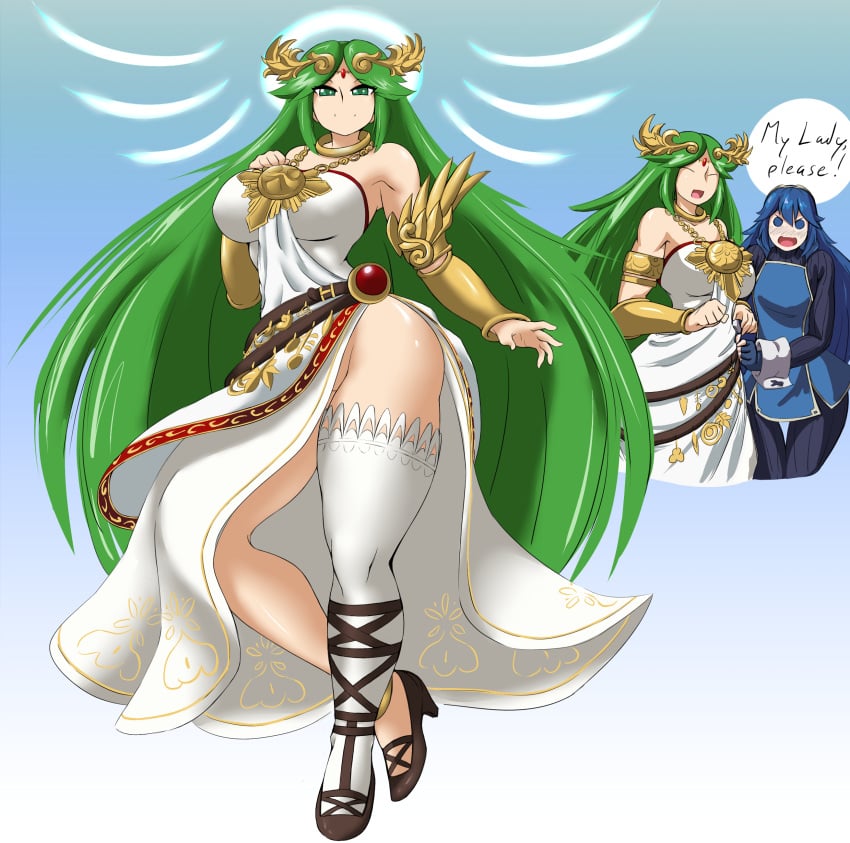 2girls absurdres angry bangs bare_shoulders blue_background blue_eyes blue_hair bracer breasts closed_eyes closed_mouth collar company_connection crossover dress female female_only fingerless_gloves fire_emblem fire_emblem_awakening full_body gloves gradient_background green_eyes green_hair high_heels highres kailyn kid_icarus large_breasts legs long_hair long_sleeves looking_at_viewer lucina_(fire_emblem) matching_hair/eyes multiple_girls nintendo no_panties palutena parted_bangs side_slit single_thighhigh smile speech_bubble standing strapless super_smash_bros. thighhighs tiara turtleneck two-tone_background very_long_hair white_background white_dress white_legwear