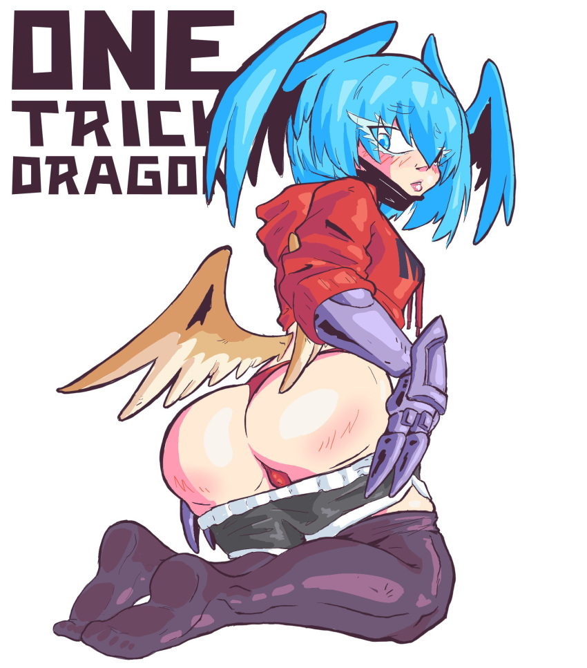 big_ass bird bird_girl blue_eyes blue_feathers blue_hair blue_wings blush claws digimon digimon_(species) face_mask harpy hoodie kneeling looking_at_viewer looking_back metal_arm onetrickdragon red_hoodie red_panties shutumon stockings thighhighs white_background wings zephyrmon