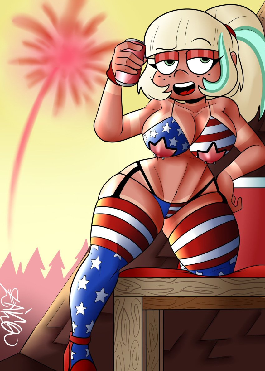 1girls 4th_of_july aged_up american_flag american_flag_bikini american_flag_legwear assertive assertive_female bare_shoulders beer beer_can big_breasts bikini bikini_bottom bikini_thong bikini_top blonde_hair bottomwear bracelet breasts can caucasian caucasian_female clothed clothes clothing curvaceous curvaceous_figure curvy curvy_female curvy_figure day disney disney_channel disney_xd dominant eyelashes eyeshadow female female_only fireworks footwear freckles green_eyes high_heels jackie_lynn_thomas legwear light-skinned light-skinned_female light_skin lingerie long_hair midriff nipple_piercing nipples nipples_outside non-nude outside patriotic_clothing piercing piercings red_bracelet red_eyeshadow red_footwear red_heels rooftop shake solo_female solo_focus star_vs_the_forces_of_evil stars_and_stripes tan tan_line tanned tanned_female tanned_skin thick_thighs thighs thong topwear two_tone_hair voluptuous zaicomaster141