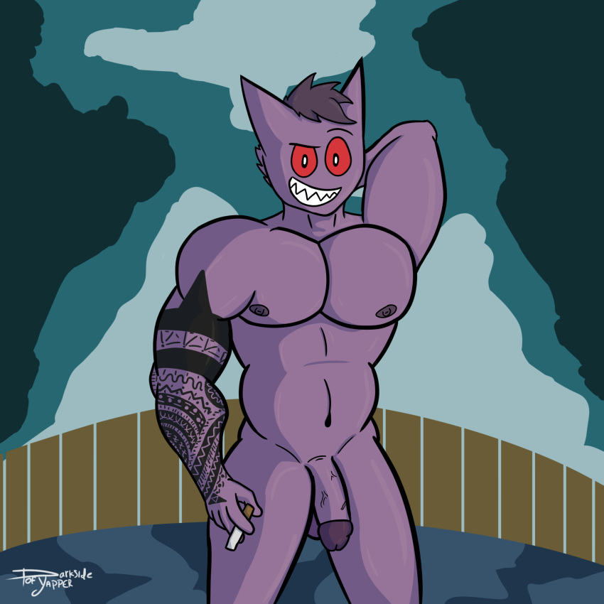 darkyapper generation_1_pokemon gengar genitals hair hi_res humanoid humanoid_genitalia humanoid_penis male male/male muscular night nintendo nipples nude pecs penis pokemon pokemon_(species) purple_body red_eyes simple_background smile smoking solo tattoo