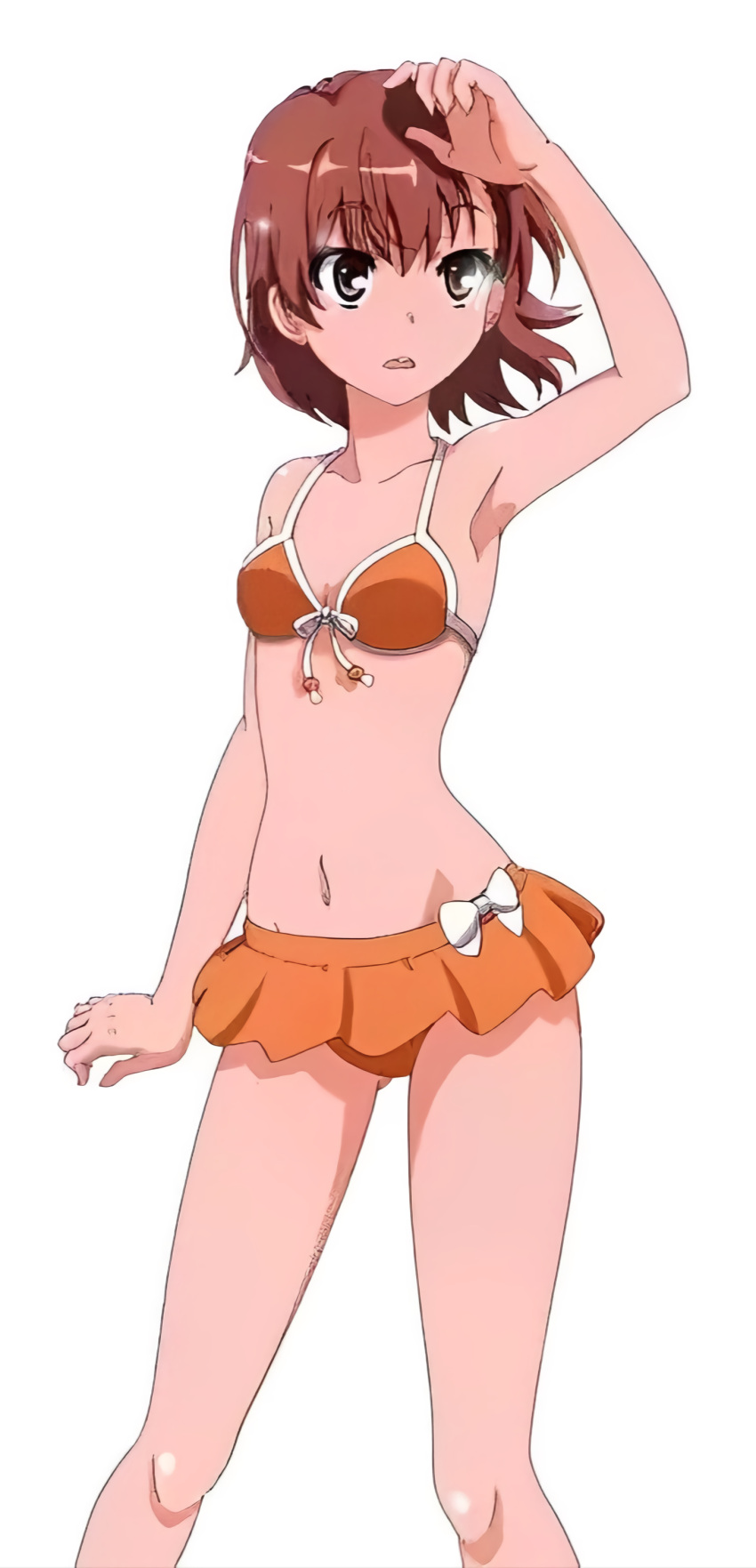 10s 1girls 2018 absurd_res armpits ass_visible_through_thighs bare_legs bare_shoulders bikini breasts brown_eyes brown_hair brunette collarbone feet_out_of_frame female frilled_bikini frilled_skirt gluteal_fold hi_res matching_hair/eyes miharu_(artist) misaka_mikoto navel open_mouth orange_bikini orange_swimsuit short_hair small_breasts solo standing swimsuit teenage_girl teenager to_aru_kagaku_no_railgun to_aru_majutsu_no_index white_background young