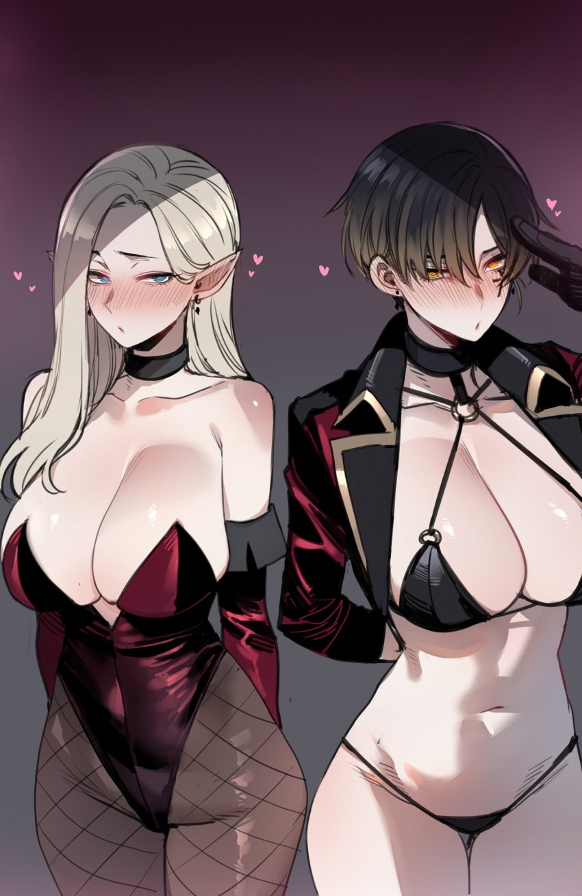 2022 2d 2d_(artwork) 2girls arms_behind_back ashe_(bad_ending_party) bad_ending_party big_breasts big_thighs black_thong blonde_hair blue_eyes blush breasts bunny_suit bunnysuit busty choker cleavage collar covered_nipples dark_hir ear_piercing elbow_gloves elf elf_girl female female_focus female_only fishnet fishnets heart hearts_around_head hi_res highres hourglass_figure huge_breasts jacket large_breasts large_thighs long_hair looking_at_viewer memory_alteration multiple_girls orange_eyes ratatatat74 red_clothing rei_(bad_ending_party) salute short_hair standing thick_thighs thigh_gap thighs thong voluptuous