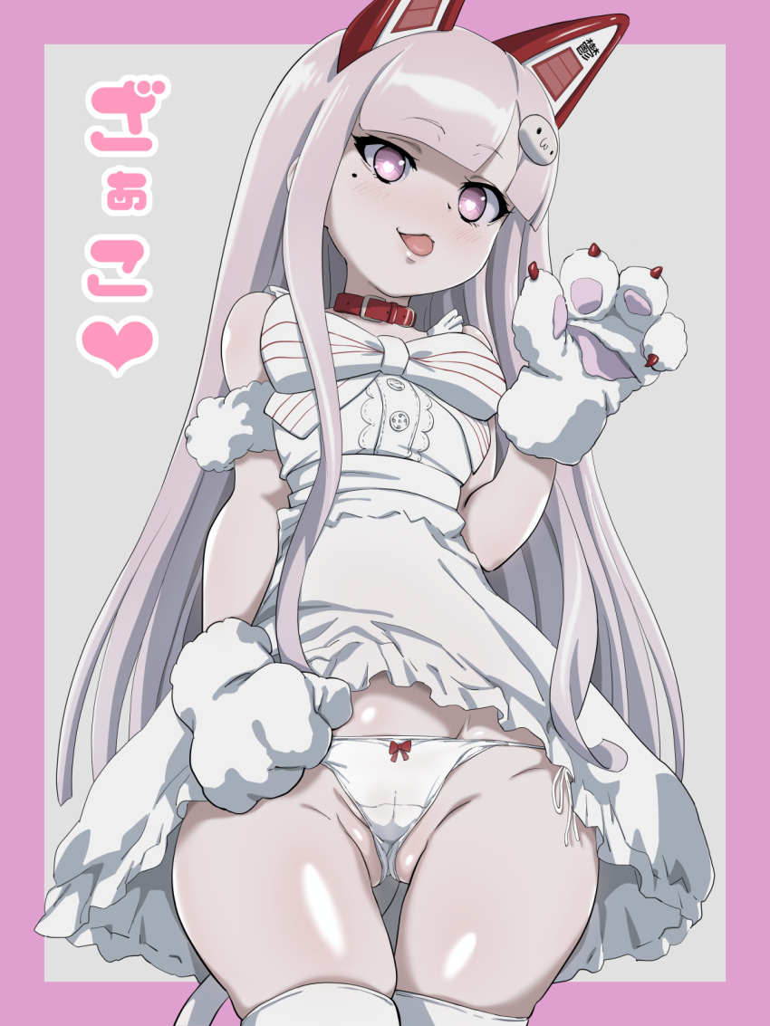 :p animal_ears ass bangs bare_shoulders blunt_bangs blush cameltoe cat_ears collar dress female gloves hair_ornament highres long_hair mole mole_under_eye namahoshi-chan nomanota panties pink_hair purple_eyes shinsougumi solo tail thighhighs tongue tongue_out translated underwear virtual_youtuber white_dress white_panties white_thighhighs