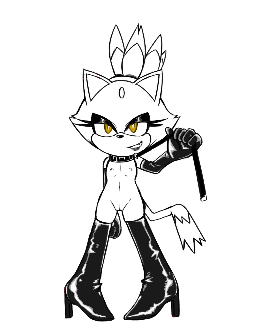 1girls anthro blaze_the_cat elbow_gloves fangs female flat_chest forehead_jewel glowing_eyes high_heel_boots latex latex_boots leash leash_and_collar lipstick looking_at_viewer mostly_monochrome pussy requesting_domination solo sonic_(series) sternweiss thigh_boots