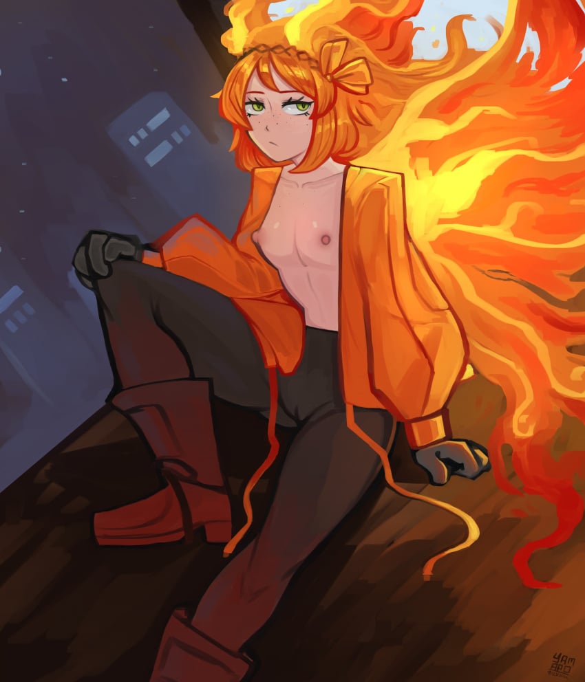 1girls cameltoe fire green_eyes hair_ornament ishmael_(limbus_company) limbus_company long_hair looking_away nipples open_shirt orange_hair partially_clothed project_moon sitting small_breasts solo topless uninterested yamapollogee