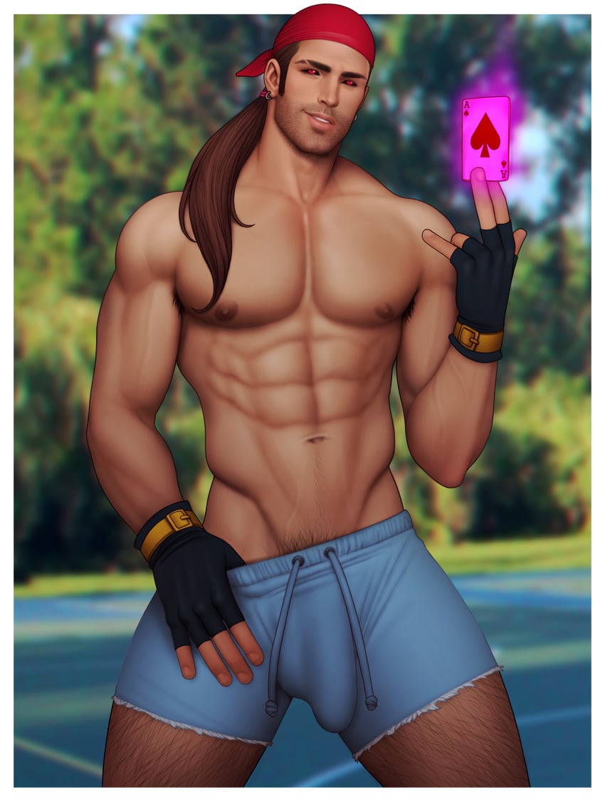 abs bandana biceps big_bulge bulge bulging_biceps drawnpr0n gambit glowing_eyes huge_bulge looking_at_viewer male male_only marvel muscles muscular muscular_male outdoors outside pecs penis_outline remy_lebeau shirtless_male short_shorts smooth_chest smooth_skin x-men