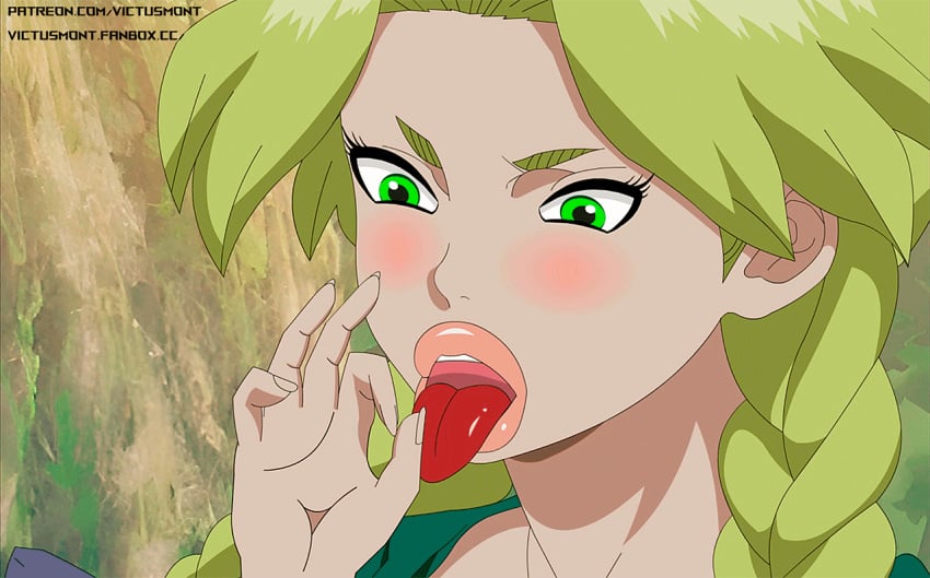 animated animated_gif blonde_hair blowjob_gesture blushing braid braided_hair dr.stone forest green_eyes hanada_nikki higher_resolution_available large_filesize light-skinned_female nikki_(dr.stone) tongue_out victusmont