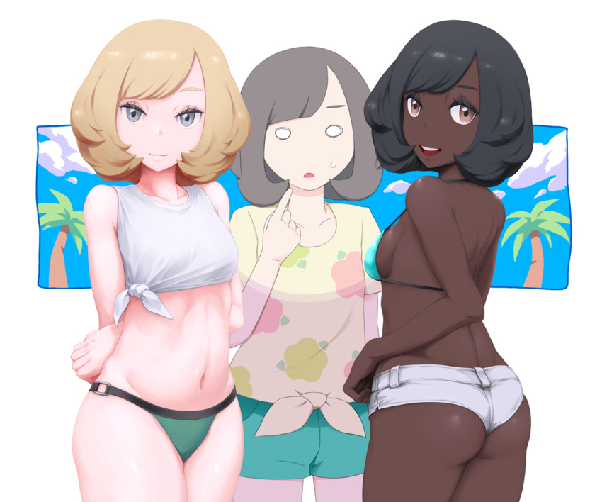 3girls arms_behind_back ass back bangs bikini bikini_bottom_only bikini_top_only black_hair blank_stare blonde_hair blouse blue_bikini blue_swimsuit breasts crop_top dark-skinned_female dark_skin from_behind green_bikini green_swimsuit grey_eyes halterneck looking_at_viewer medium_breasts mk_(mikka) multiple_girls multiple_persona muted_color navel nintendo open_mouth palm_tree pointing pointing_at_self pokemon pokemon_sm print_shirt selene_(pokemon) shirt short_hair short_shorts short_sleeves shorts silver_hair sleeveless sleeveless_shirt smile standing stomach swept_bangs swimsuit tongue white_shirt yellow_eyes yellow_shirt