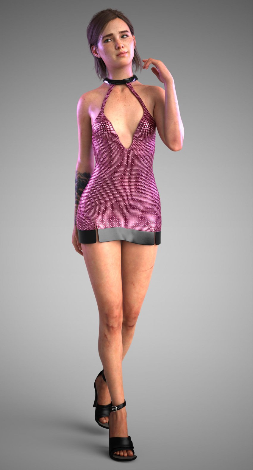 3d athletic athletic_female bare_legs blue_eyes breasts brown_hair cleavage dress ellie_(the_last_of_us) ellie_williams female female_focus female_only high_heels hourglass_figure long_hair michman79 naughty_dog open_toe_shoes pinup pinup_pose pose posing short_dress small_breasts standing tagme tattoo the_last_of_us the_last_of_us_2