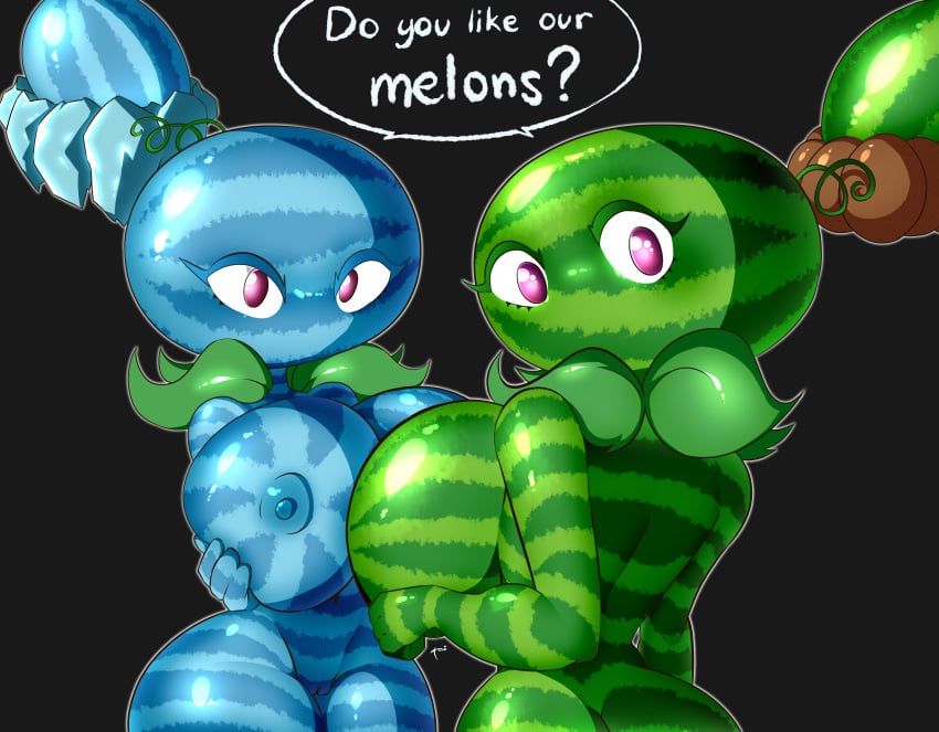 absurd_res areola ass big_breasts blue_body breast_grab breasts curvy_figure duo electronic_arts elemental_creature elemental_humanoid female flora_fauna food fruit green_body hand_on_breast hi_res huge_breasts humanoid melon melon_pult nipples nude plant plant_humanoid plantie plants_vs_zombies popcap_games purple_eyes rear_view simple_background taihen_(artist) text voluptuous voluptuous_female watermelon