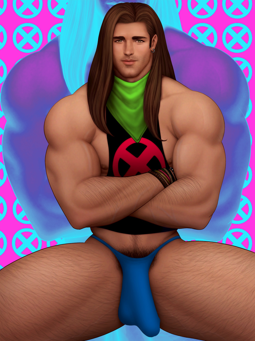 arms_crossed big_bulge bulge drawnpr0n huge_bulge long_hair looking_at_viewer male male_only marvel muscles muscular muscular_male rictor spread_legs thong x-men