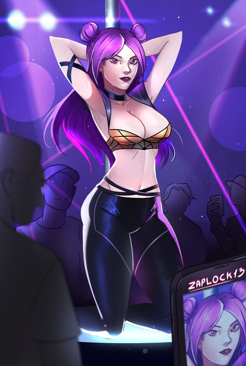 1girls 4boys alternate_version_available armpits cellphone curvy_body curvy_female high_resolution highres k/da_kai'sa k/da_series kai'sa latex_thighhighs league_of_legends league_of_legends:_wild_rift long_hair pole purple_eyes purple_hair stripper_pole sweat zaplock13