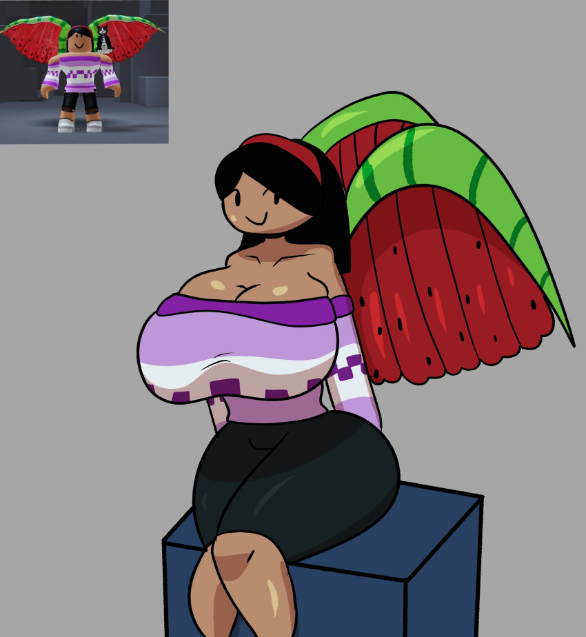 1girls big_breasts black_hair breasts cleavage clothed dezmine21 female reference_image roblox roblox_avatar robloxian sitting tagme thick_thighs thighs wide_hips wings