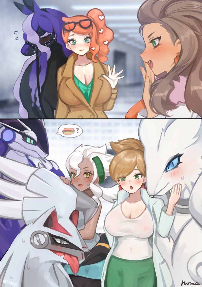 1futa 3girls aurea_juniper big_breasts big_penis blush breasts brown_hair brown_skin bulge burnet_(pokemon) clothed clothing female flaccid fully_clothed futanari high_heel_boots huge_breasts human imminent_pokephilia imminent_sex interspecies light_skin long_hair nintendo norza orange_hair penis penis_outline pokemon pokemon_sm pokemon_ss pokemon_sv pokephilia professor_sada_(pokemon) reshiram silvally silver_hair sonia_(pokemon) spectrier standing