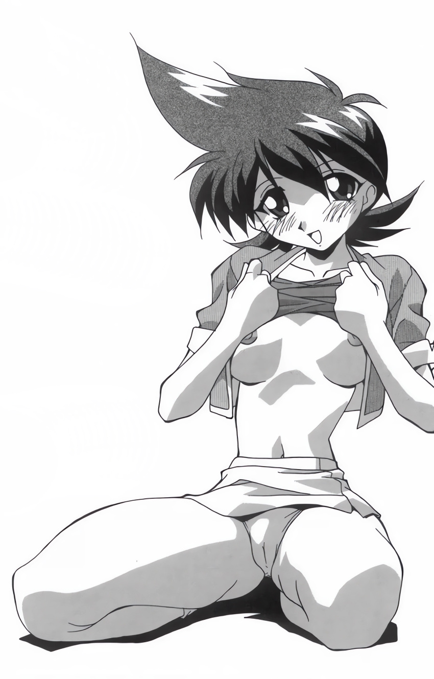 absurdres bakuten_shoot_beyblade beyblade blush breasts dress female greyscale highres hilary_tachibana looking_at_viewer medium_breasts medium_hair monochrome navel nipples open_mouth panties simple_background smile solo tachibana_hiromi underwear white_background