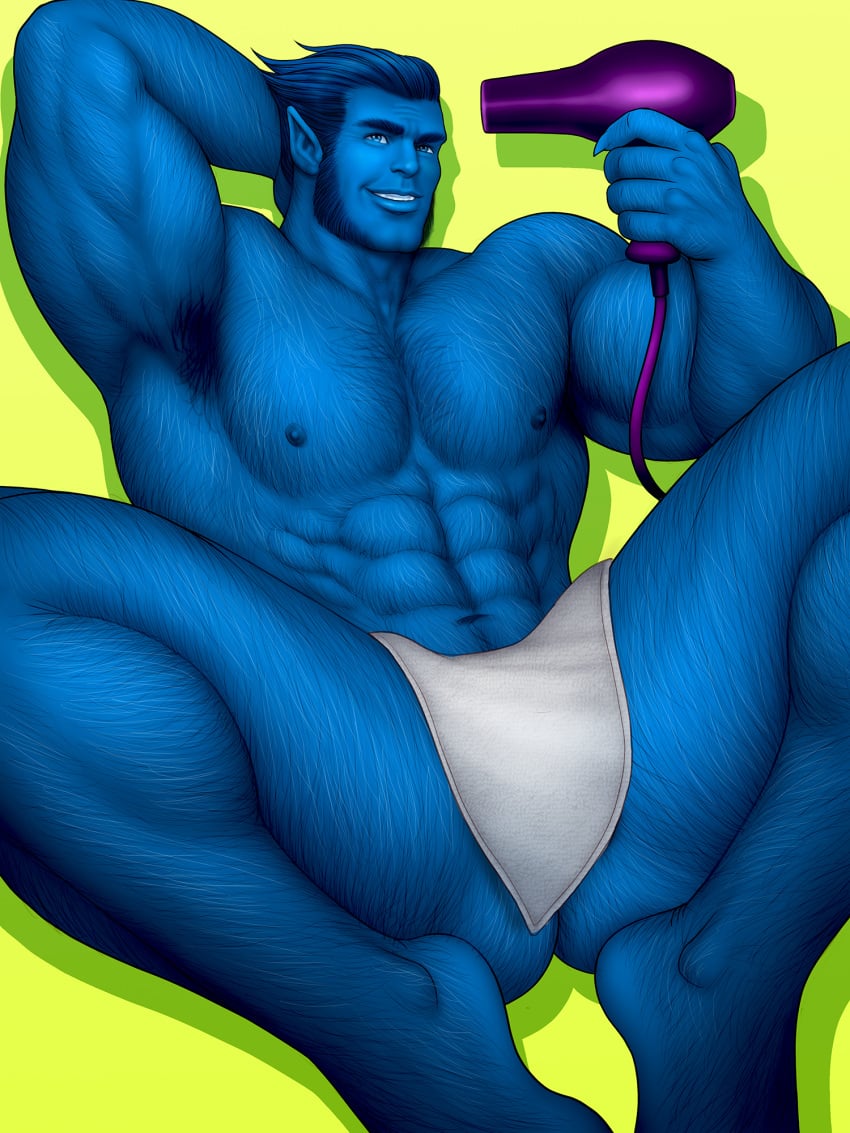 abs anthro arm_behind_head armpit beast_(x-men) blue_hair blue_skin blue_skinned_male covering_crotch drawnpr0n furry hair_dryer hairy hank_mccoy looking_at_viewer male male_only marvel muscles muscular muscular_male pecs solo solo_male spread_legs thick_thighs towel towel_covering_crotch x-men