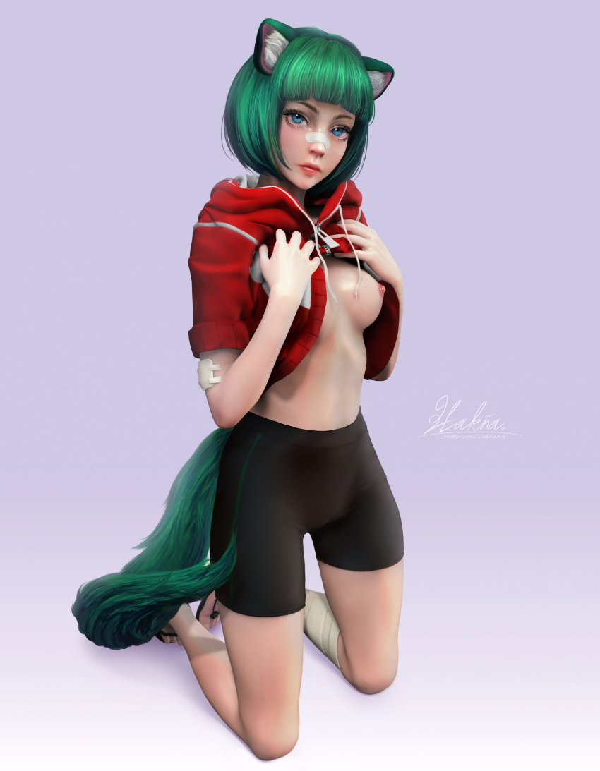 1girls 3d 3d_(artwork) absurd_res animal_ears areolae bandaid bandaid_on_nose blue_eyes breasts breasts_out clothes_lift commission female female_only green_hair hoodie kneeling looking_at_viewer medium_hair nipples shorts simple_background solo tail tight_pants zlakna