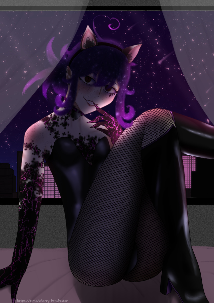 1boy ahoge black_latex bunnysuit cat_ears femboy fishnet_stockings freckles goth goth_boy goth_femboy latex latex_boots monster_hands original_character otoko_no_ko piercing purple_hair