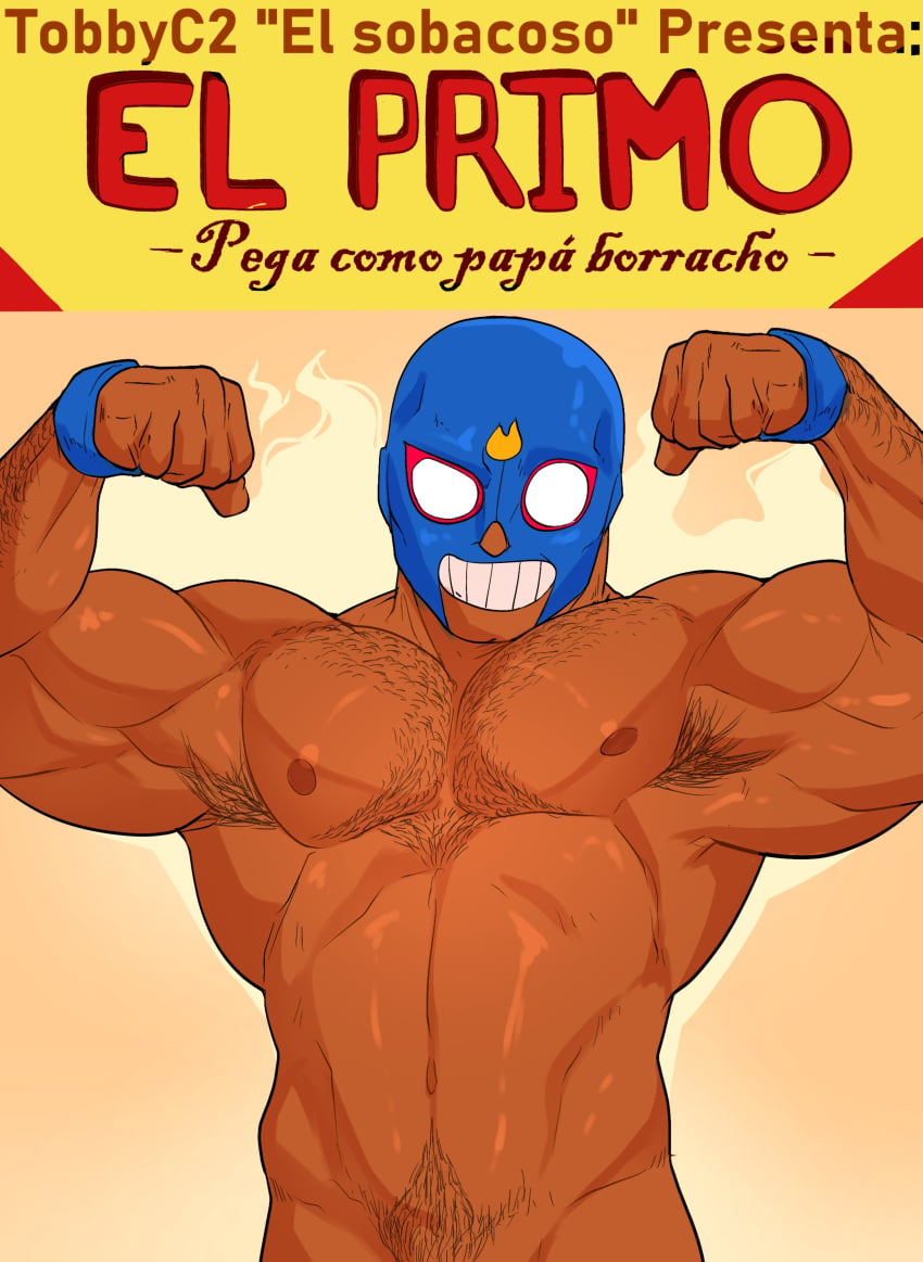 1boy arm_hair armpit_hair armpits bara biceps big_muscles big_pecs blue_bracelet blue_mask body_hair bracelet bracelets brawl_stars breasts buff chest_hair color colored el_primo_(brawl_stars) flexing flexing_arms flexing_both_biceps flexing_muscles hairy hairy_armpits hairy_arms hairy_chest hairy_male happy_trail hi_res highres human human_only larger_male looking_at_viewer male male_focus male_only mask masked masked_male muscles muscular muscular_arms muscular_male naked nipples nude nude_male pecs pectorals pose posing pubes pubic_hair shiny_skin showing_off smile smiling solo solo_focus solo_male spanish_text teeth teeth_showing text tits tobbyc2 toned toned_body toned_male topless