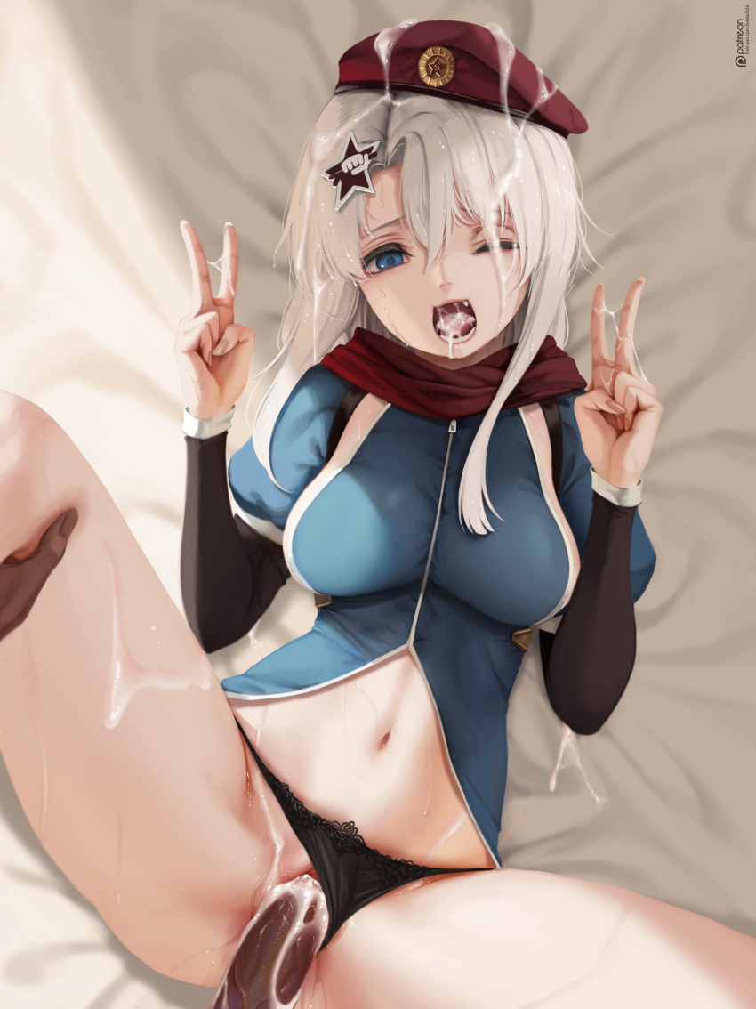 1boy 1girls 9a-91_(girls'_frontline) 9a-91_(girls_frontline) bed bed_sheet beret blue_eyes blue_jacket breasts clothed clothing cum cum_drip cum_in_mouth cum_in_pussy cum_inside cum_on_face cum_on_hair cum_on_leg cum_on_self cum_on_tongue dark-skinned_male double_v excessive_cum fangs female from_above girls'_frontline hair_between_eyes hair_ornament hands_up hat headwear legs_apart legs_grab letdie1414 long_hair lying lying_on_back male/female male_penetrating medium_breasts navel oerba_yun_fang on_back on_bed open_mouth panties panties_aside puffy_short_sleeves pussy pussy_juice red_hat scarf sex silver_hair solo_focus spread_legs star star_ornament sweat sweatdrop uncensored v vaginal_penetration wet white_hair zipper