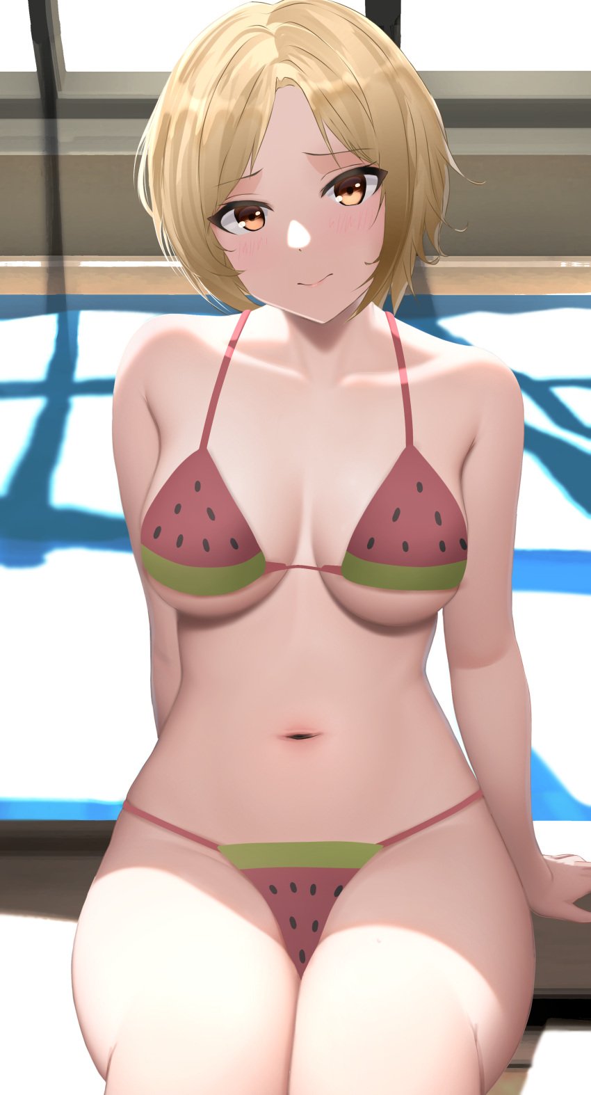 absurdres arms_behind_back bangs bare_arms bare_shoulders bikini blonde_hair blush breasts brown_hair closed_mouth collarbone commission day female food-themed_clothes food_print girls'_frontline gkamikaze_d highres indoors medium_breasts mp40_(girls'_frontline) navel non-web_source pool print_bikini rei_no_pool short_hair sitting solo swimsuit thighs water watermelon_print