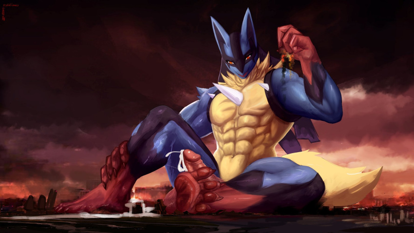 anthro barefoot bodily_fluids building city cityscape cum ejaculation feet generation_4_pokemon genital_fluids genitals hi_res humanoid_genitalia humanoid_penis landscape lucario macro male male_only micro nintendo paws penis pokemon pokemon_(species) red_eyes solo solutionwcs