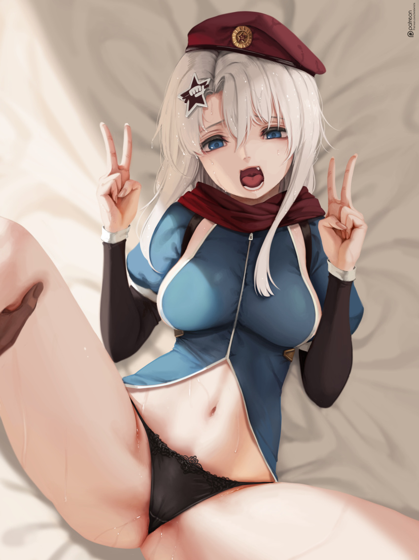 1boy 1girls 9a-91_(girls'_frontline) 9a-91_(girls_frontline) bed bed_sheet beret black_panties blue_eyes blue_jacket breasts clothed clothing dark-skinned_male double_v fangs female from_above girls'_frontline hair_between_eyes hair_ornament hands_up hat headwear legs_apart legs_grab letdie1414 long_hair lying lying_on_back medium_breasts navel oerba_yun_fang on_back on_bed open_mouth puffy_short_sleeves pussy_juice red_hat scarf see-through_clothing silver_hair solo_focus spread_legs star star_ornament sweat sweatdrop v wet white_hair zipper