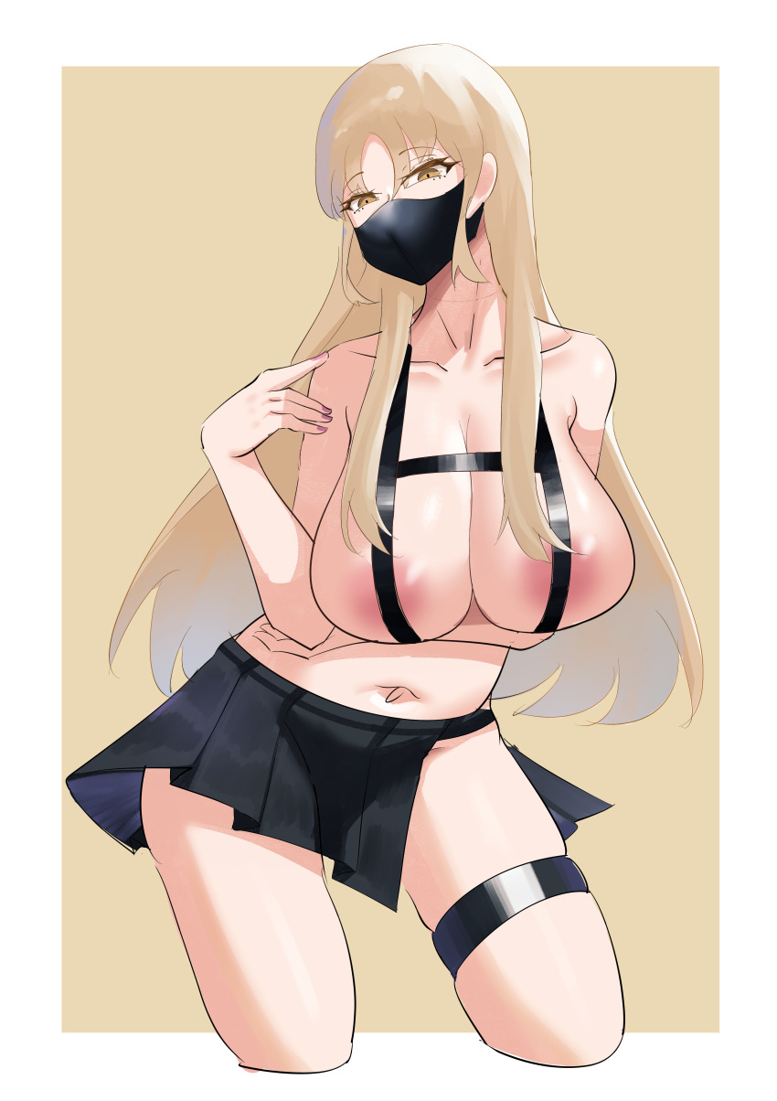 1girls areolae belly_button blonde_hair eyebrows_visible_through_hair face_mask female female_only kogyoku69_(akaiyuu233) light-skinned_female light_skin mask nijisanji pink_nails sister_claire sister_cleaire skimpy_clothes skirt solo virtual_youtuber yellow_eyes