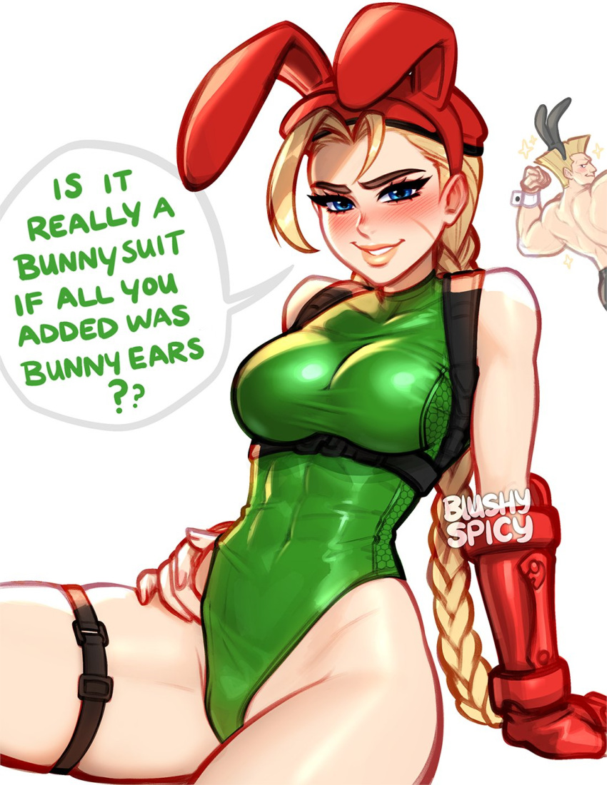 1girls artist_name big_breasts blonde_hair blue_eyes blush blushypixy blushyspicy braid braided_ponytail bunny_ears cammy_white dialogue english_text fake_animal_ears female female_focus gloves guile hand_on_hip leotard long_hair looking_at_viewer scar sitting skin_tight solo speech_bubble street_fighter talking_to_viewer thighs very_long_hair watermark white_background