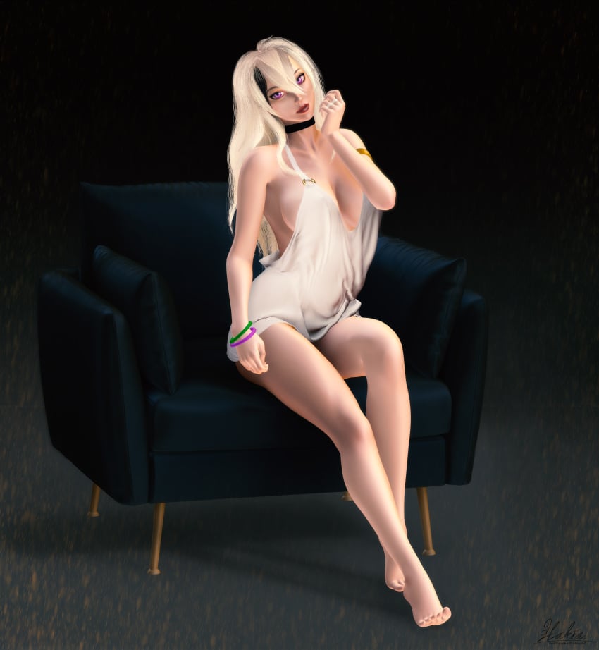 1girls 2023 3d 3d_(artwork) absurd_res black_highlights choker dress female female_only inner_sideboob long_hair looking_at_viewer purple_eyes red_lips sideboob sitting solo white_hair yorra_villeneuve zirca_2036 zlakna