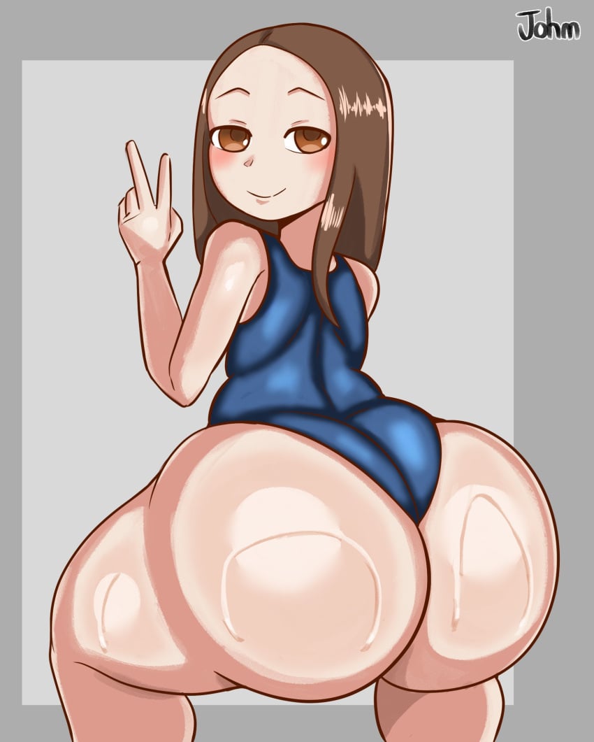 1girls aged_up ass back_view big_ass bottom_heavy brown_eyes brown_hair gijoejohn huge_ass karakai_jouzu_no_takagi-san long_hair smile solo standing swimsuit takagi-san thick_thighs v young