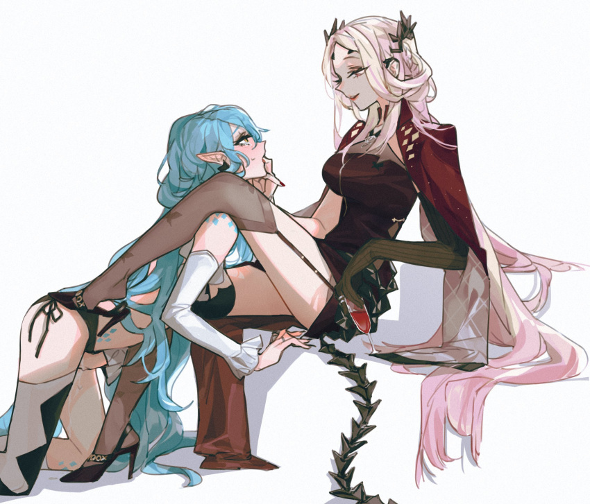 2girls amused blonde_female blonde_hair blue_hair blush color colored drinking eirene_(path_to_nowhere) elf_ears female female_only finger_claws finger_in_mouth fingering_pussy fingering_self grabbing_chin heels heterochromia imminent_oral implied_cunnilingus implied_oral kneeling_female leg_on_shoulder leg_up long_hair looking_at_another looking_at_partner masturbating masturbating_under_clothes masturbation masturbation_through_clothing multiple_girls on_knees path_to_nowhere power_imbalance pussy_juice pussy_juice_drip pussy_juice_trail serpent_(path_to_nowhere) stockings sucking_fingers touching_self wine yellowdog_(artist) yuri