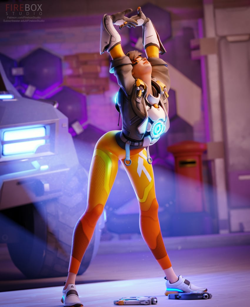 1girls 3d armor athletic athletic_female blender blizzard_entertainment brown_hair cammy_stretch car clothed clothing detailed_background female female_focus female_only fireboxstudio freckles freckles_on_face gun headgear headwear highres jacket jumpsuit latex leggings legwear lena_oxton light light-skinned_female light_skin on_back orange-tinted_eyewear overwatch overwatch_2 plate pose posing presenting simple_background skinny slim slim_waist solo solo_female solo_focus standing stretching stretching_arms suit thick_thighs tight_clothes tight_clothing tight_fit tinted_eyewear tracer visor watermark weapon